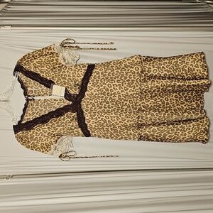 Free People Womens Brown Animal Print & Lace Satiny Polyester Mini Dress Small